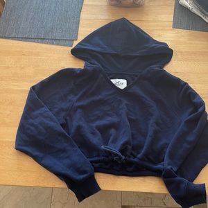 Blue cropped hooded Hollister sweatshirt with draw string